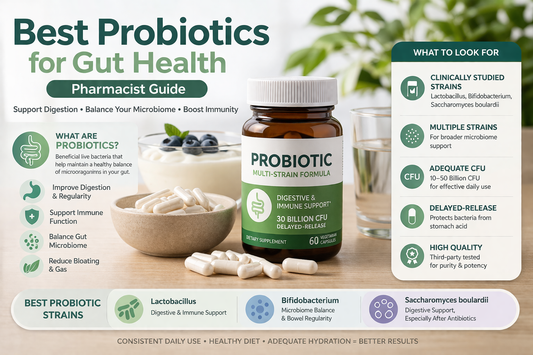 Best probiotics for gut health pharmacist guide showing probiotic supplements and microbiome support
