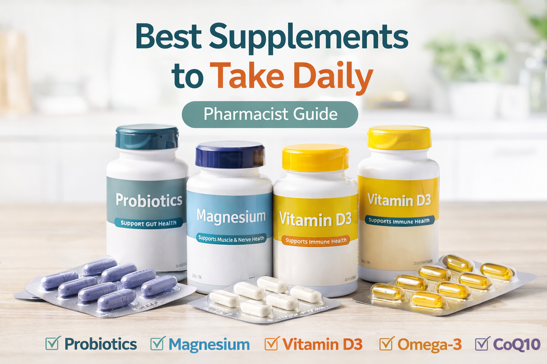 Daily supplements including probiotics, magnesium, vitamin D, omega-3, and CoQ10 for overall health.