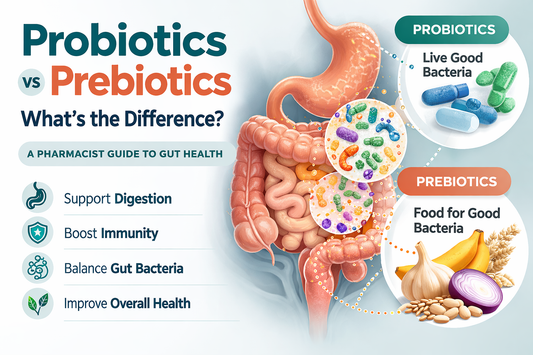 Illustration explaining probiotics vs prebiotics and how they support gut health and the microbiome.