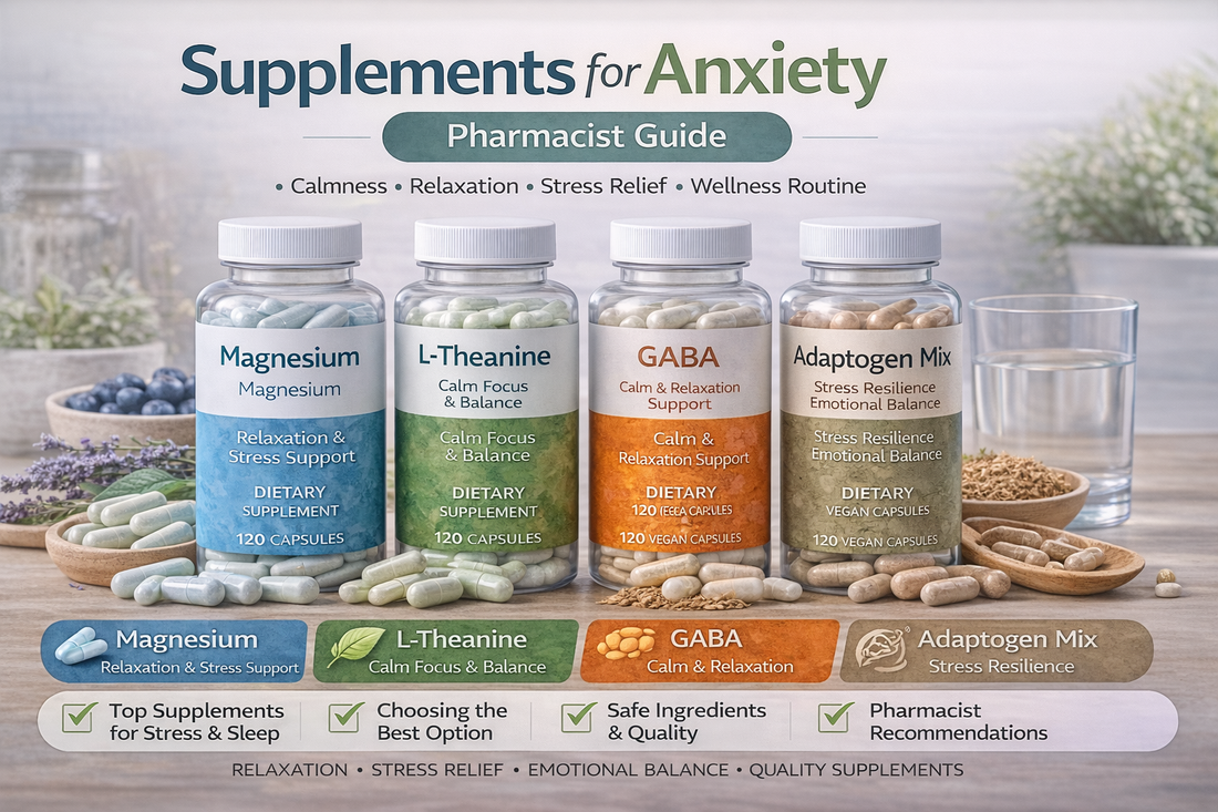 Pharmacist guide image for supplements for anxiety featuring magnesium, L-theanine, GABA, and calming wellness support.