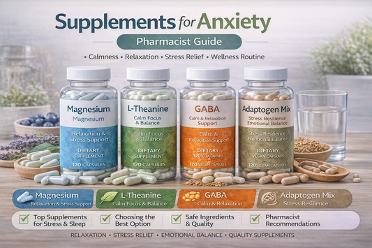 Pharmacist guide image for supplements for anxiety featuring magnesium, L-theanine, GABA, and calming wellness support.