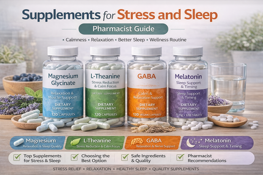 Pharmacist guide image for supplements for stress and sleep featuring magnesium, L-theanine, GABA, and melatonin